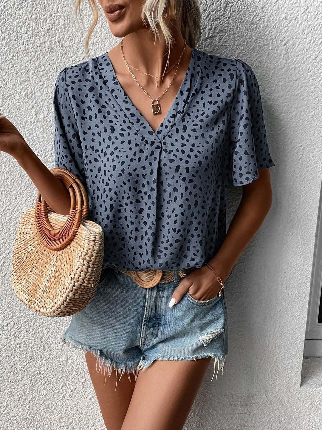 Animal Print Top in Blue polyester - Nowi Korean Fashion