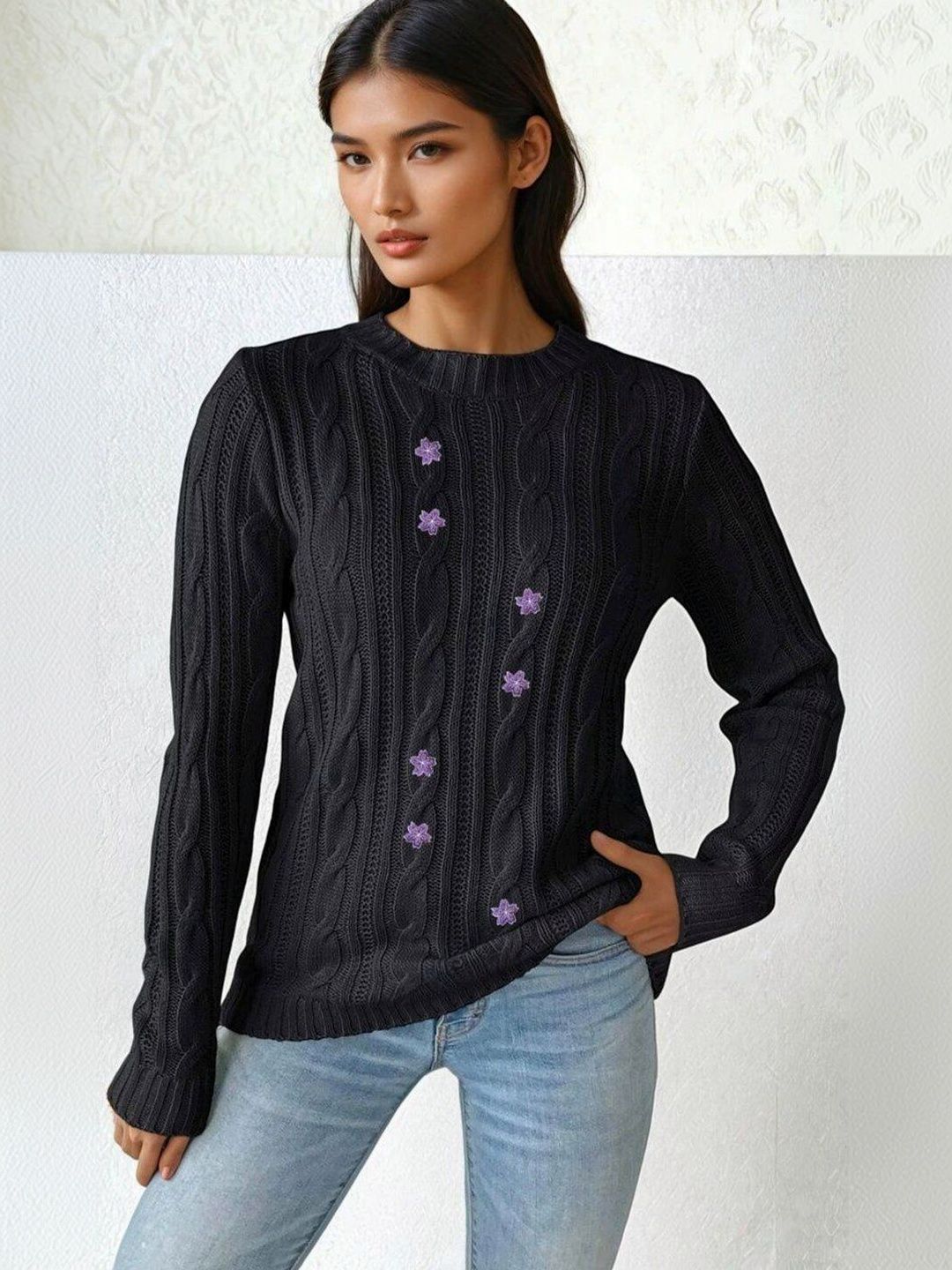 Cable Knit Pullover with Embroidered Detail in Black acrylic Long Sleeve - Nowi Korean Fashion