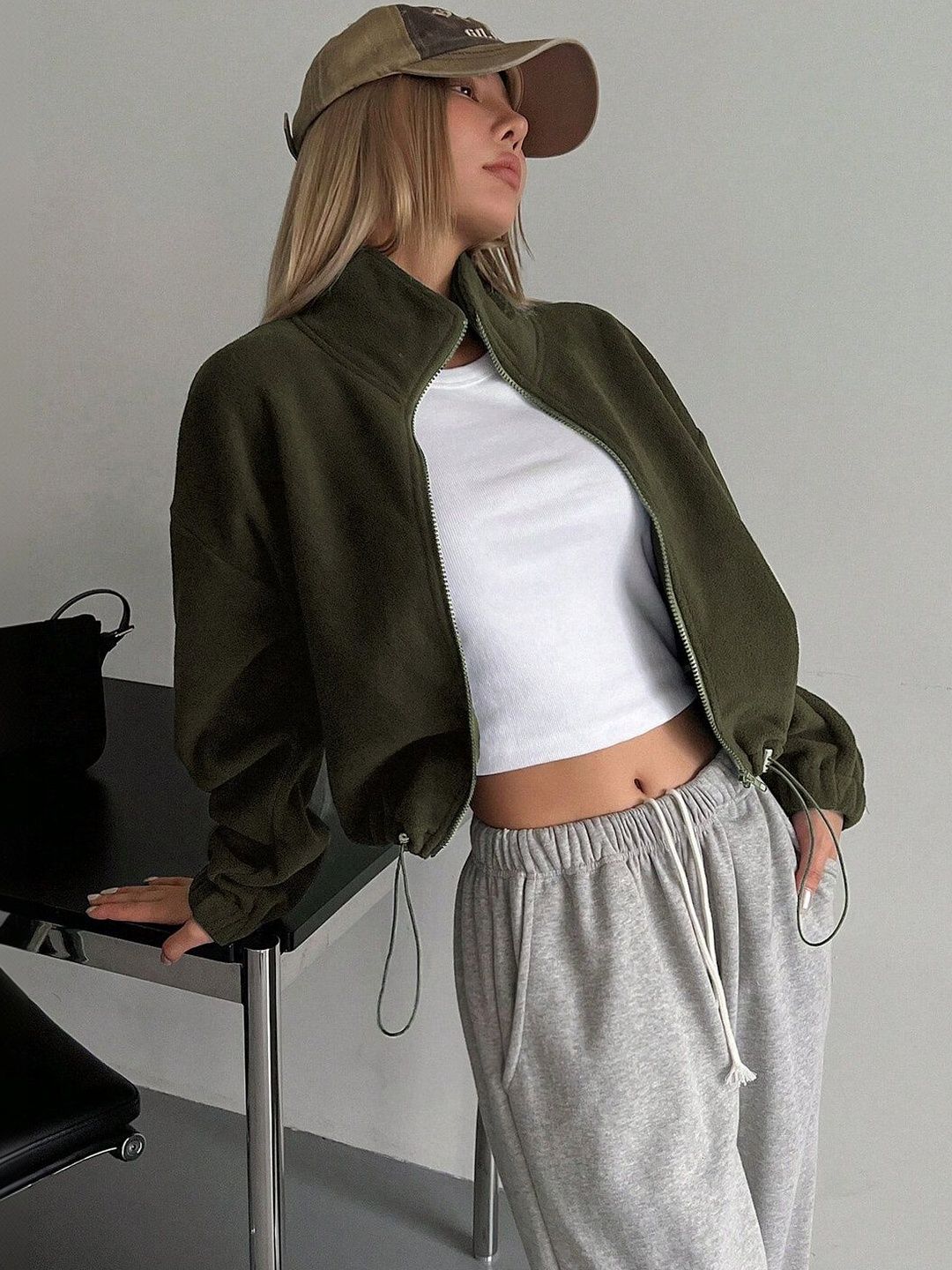 Fleece Lightweight Crop Puffer Jacket in Green - Nowi Korean Fashion