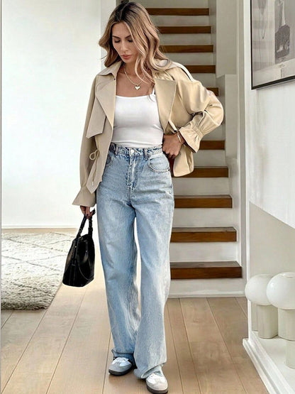 Lightweight Open Front Jacket in Beige cotton - Nowi Korean Fashion