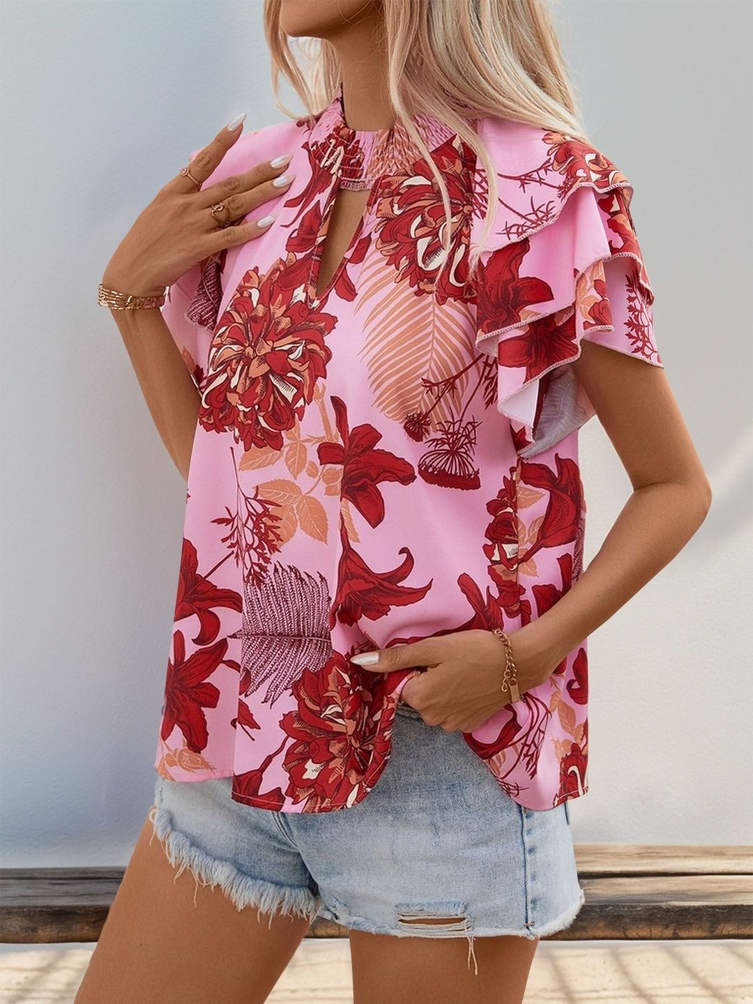Floral Print Flutter Sleeve Ruffles Top