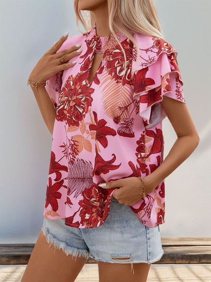 Floral Print Flutter Sleeve Ruffles Top