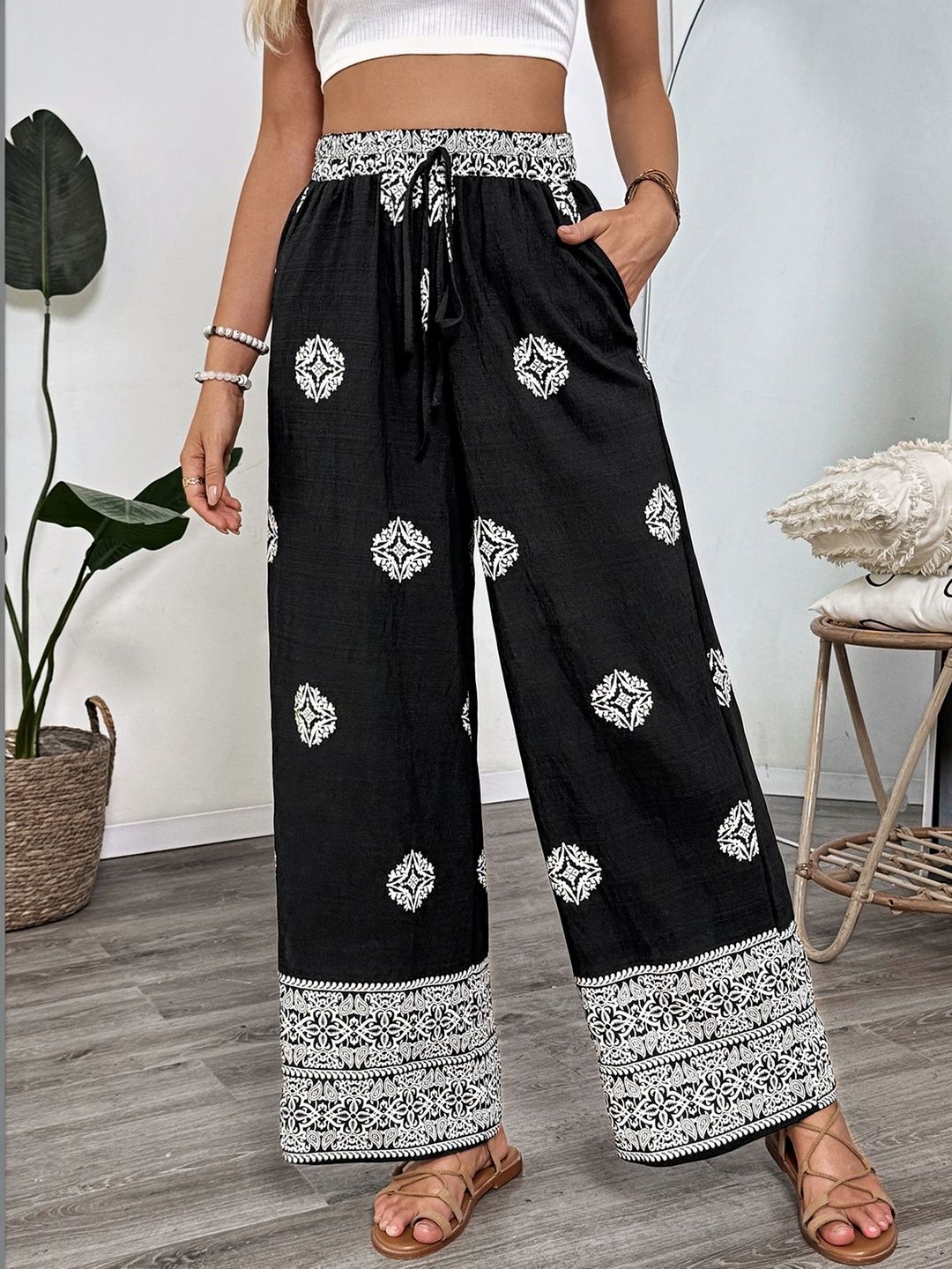 Women Ethnic Motifs Printed Loose Fit Non Iron Trousers