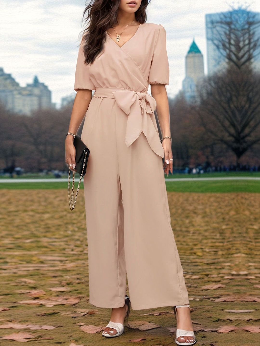 Basic Jumpsuit in Beige polyester - Nowi Korean Fashion