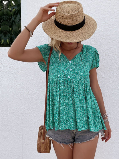 Floral Print Puff Sleeve Cotton Top in Green - Nowi Korean Fashion