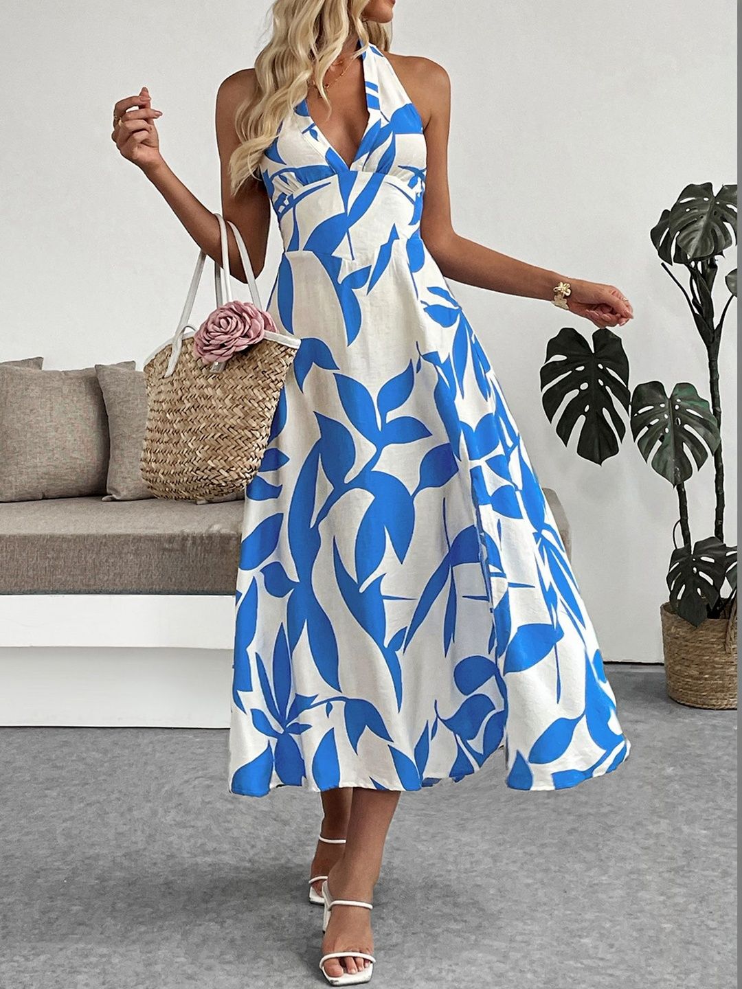 Floral Print Halter Neck A-Line Midi Dress