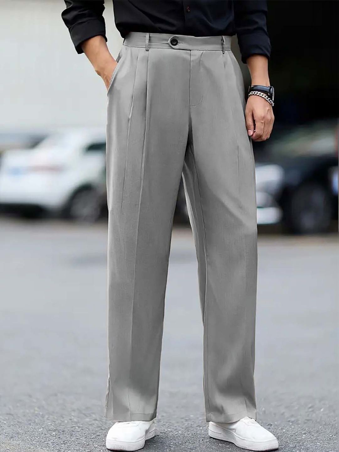 Men Straight Fit Pleated Trousers