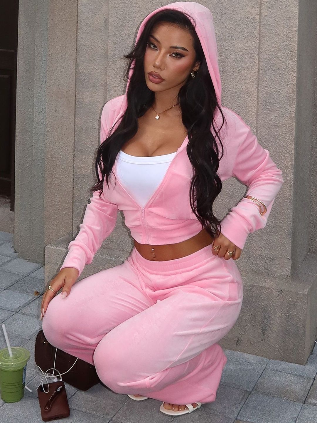 Pink Solid Hooded Sweatshirt & Trousers Co-Ords