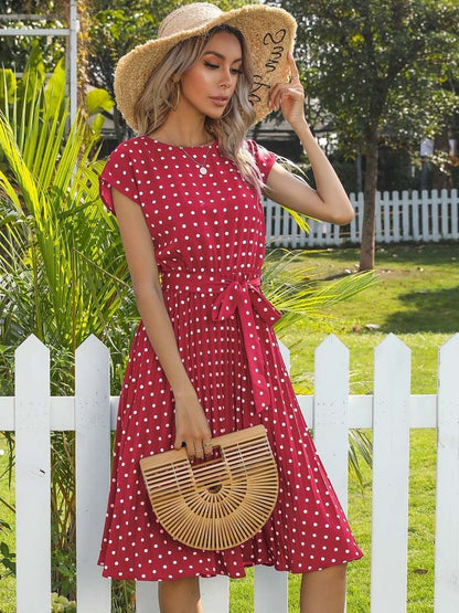 Women's Red Polka Dot Print Fit & Flare Midi Dress