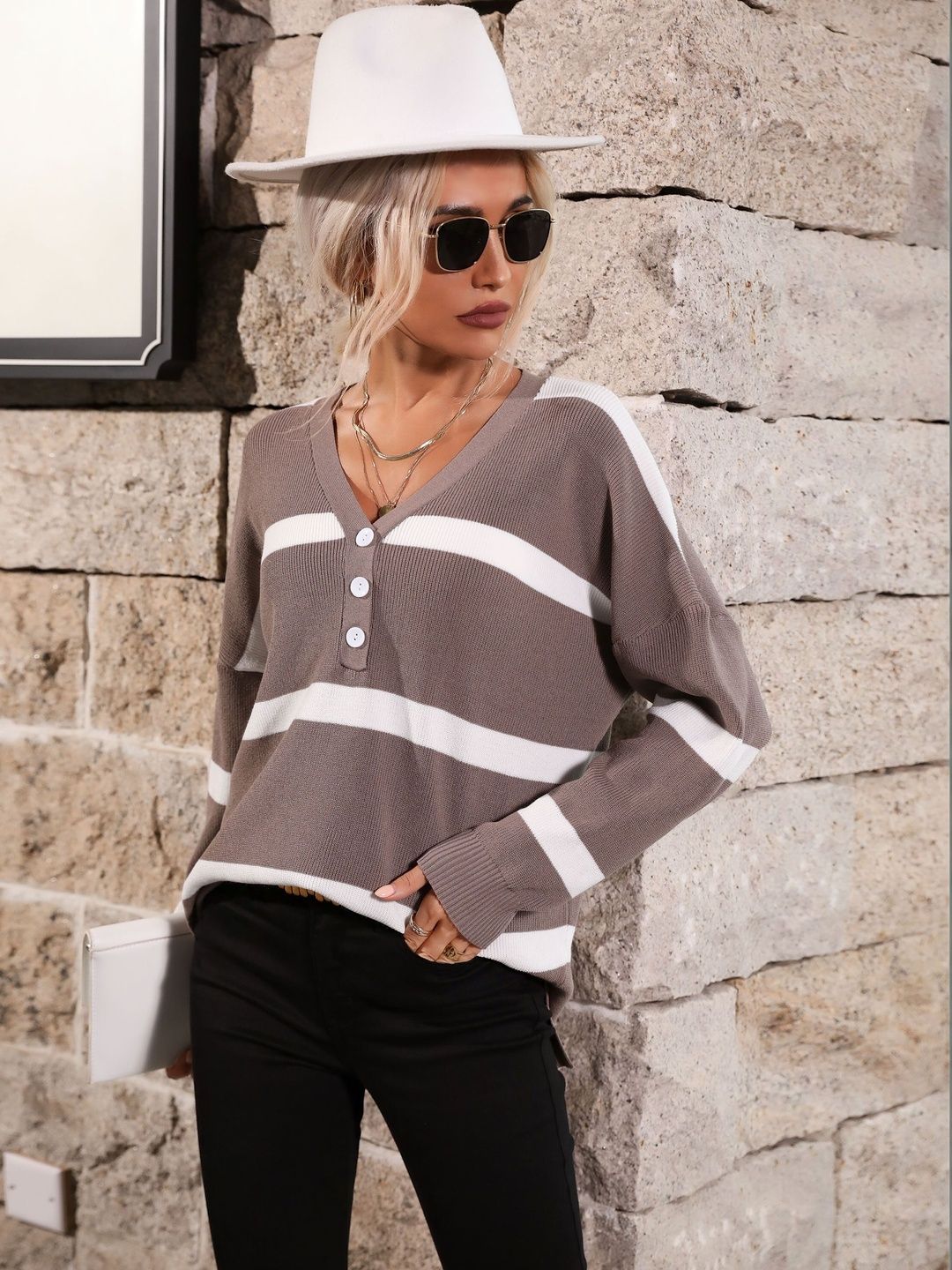Acrylic Striped Sweater in Brown - Nowi Korean Fashion