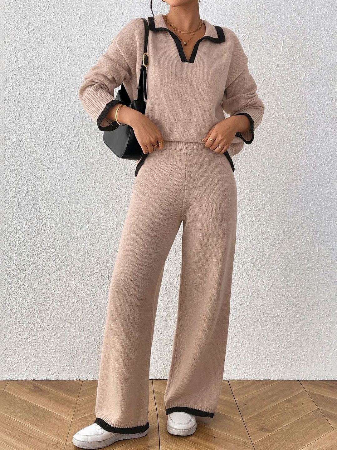 Knitted Solid Sweater with Trousers
