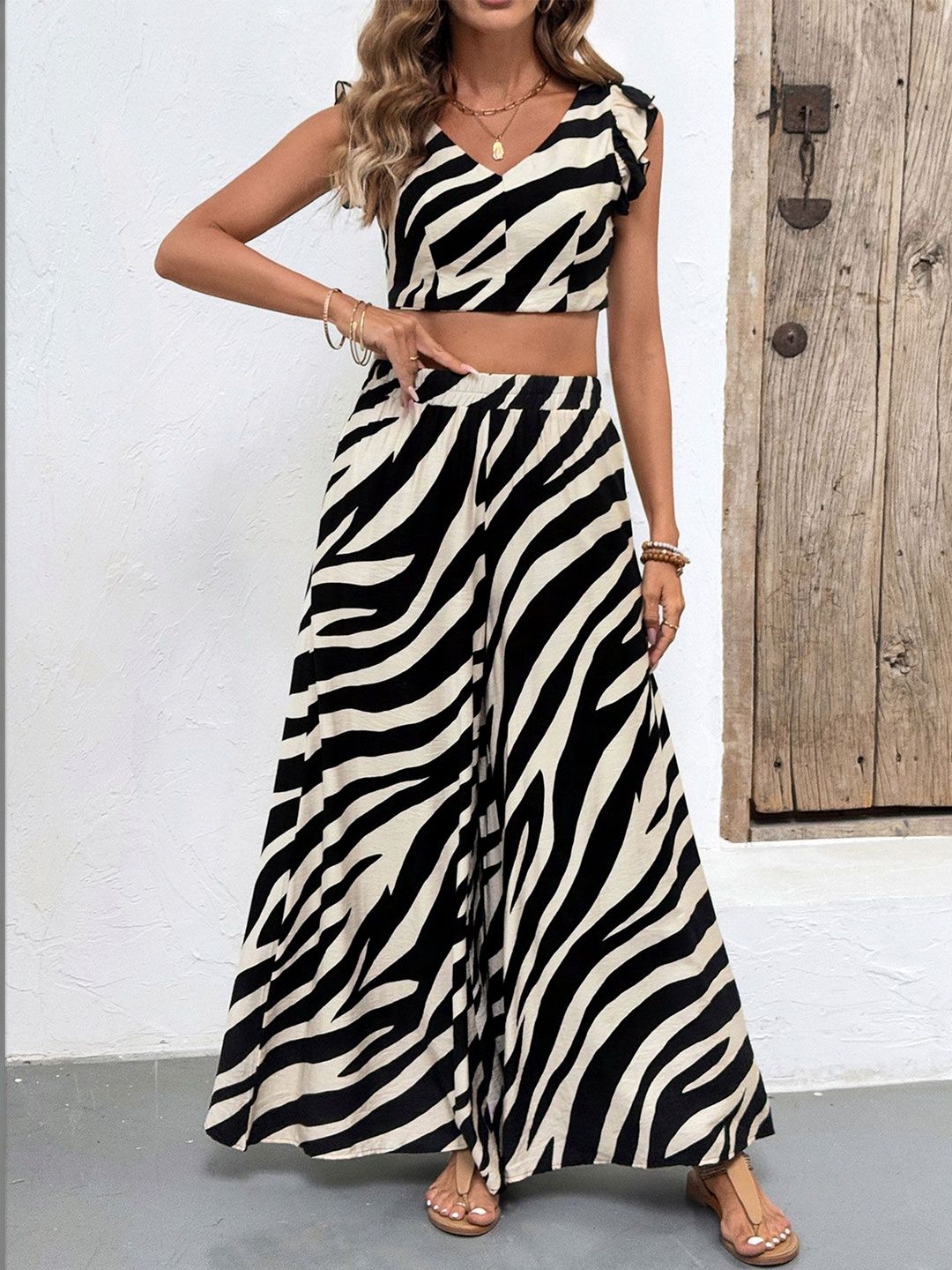 Printed V-Neck Top & Palazzos Co-Ords