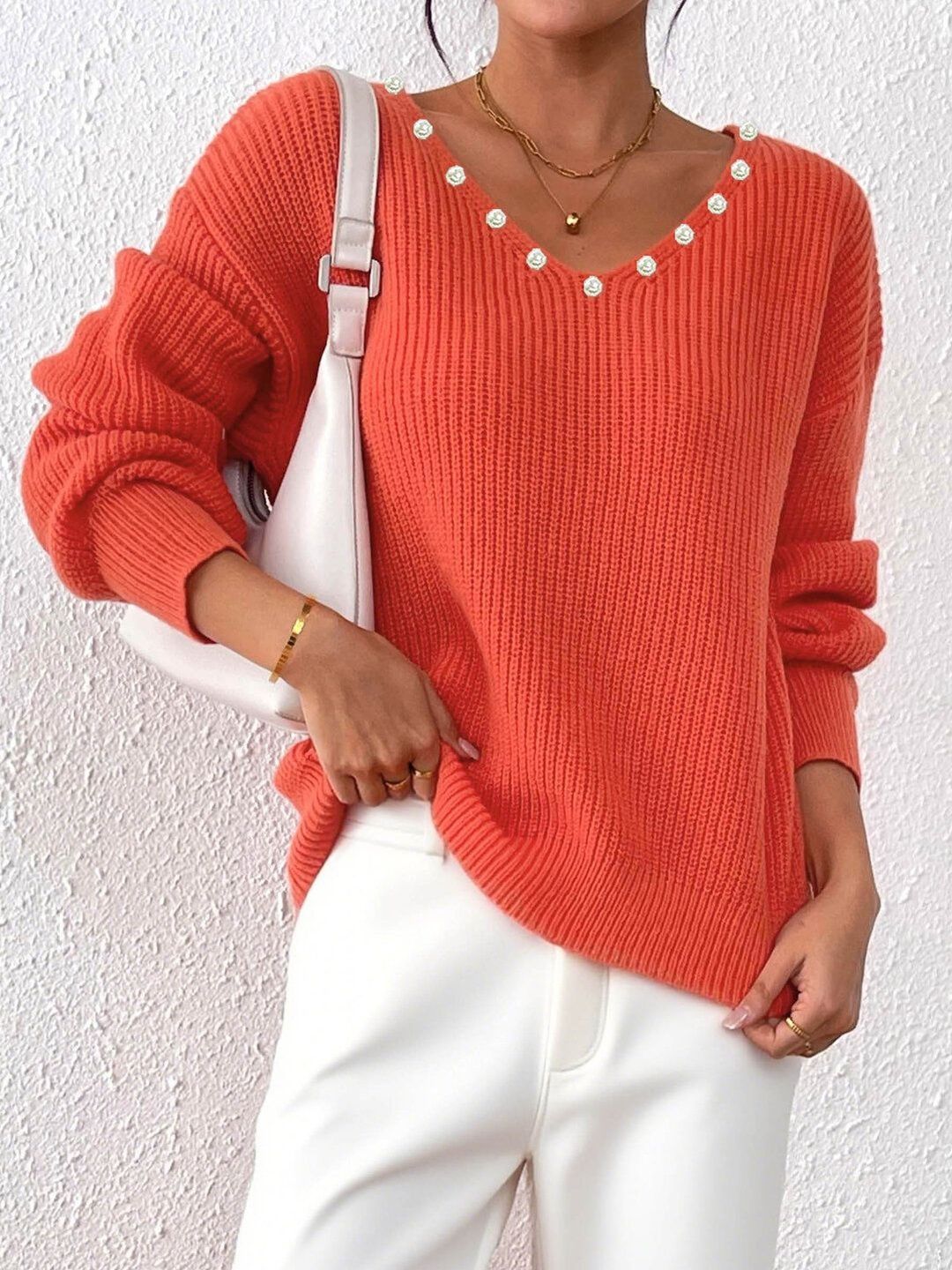 Women Ribbed Pullover with Embellished Detail
