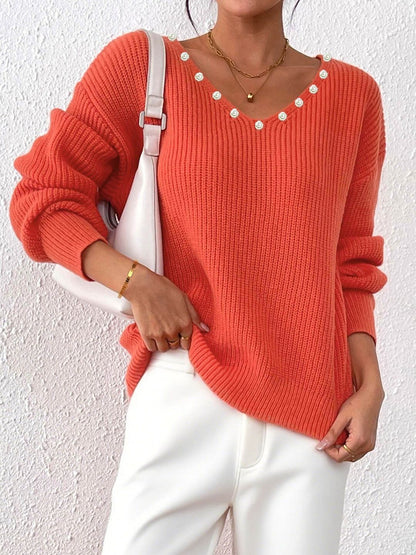 Women Ribbed Pullover with Embellished Detail