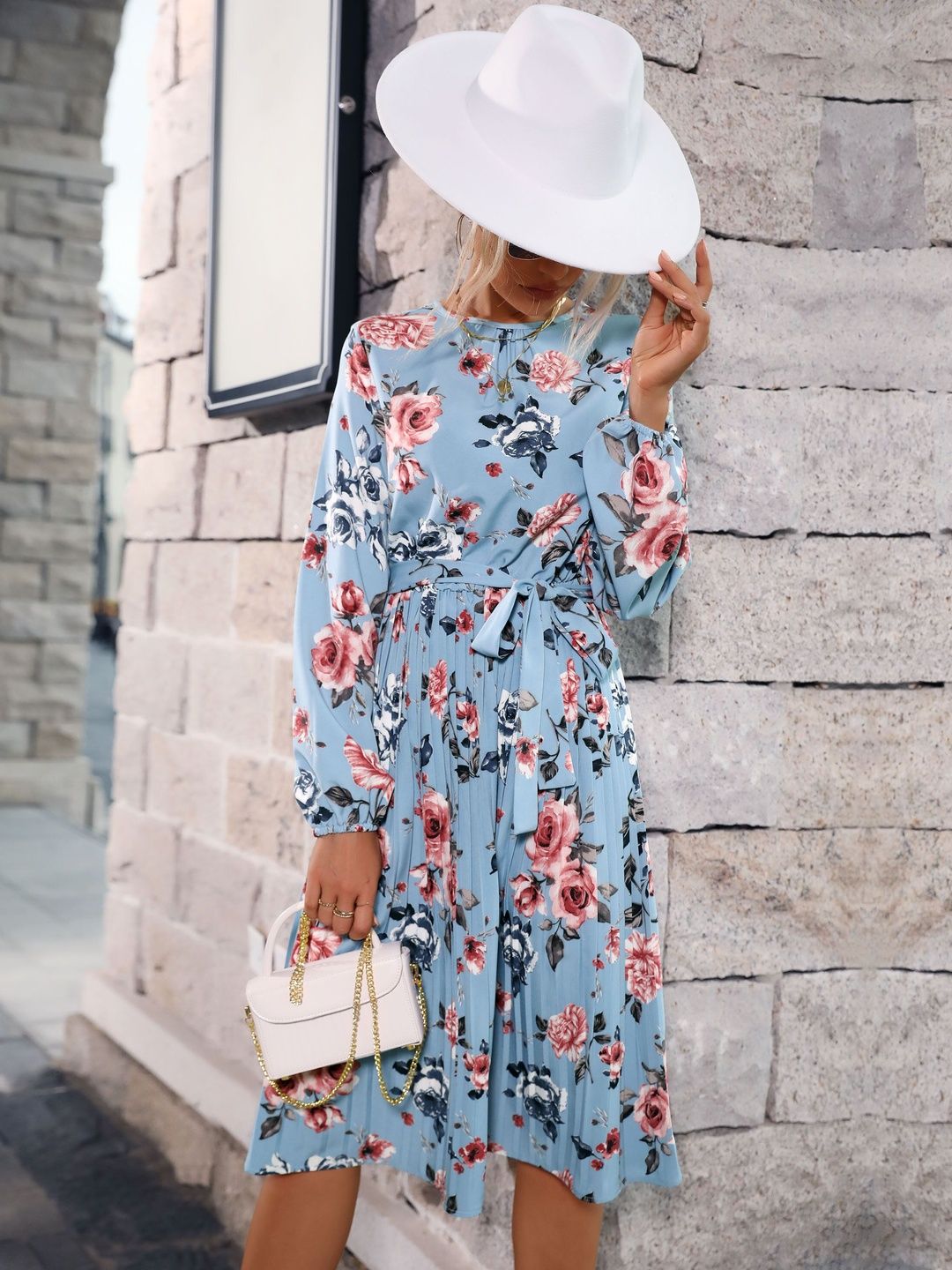 Women's Blue Floral Print Fit & Flare Midi Dress Blend