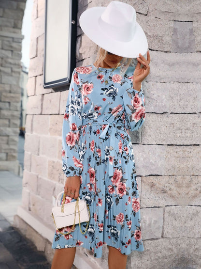 Women's Blue Floral Print Fit & Flare Midi Dress Blend