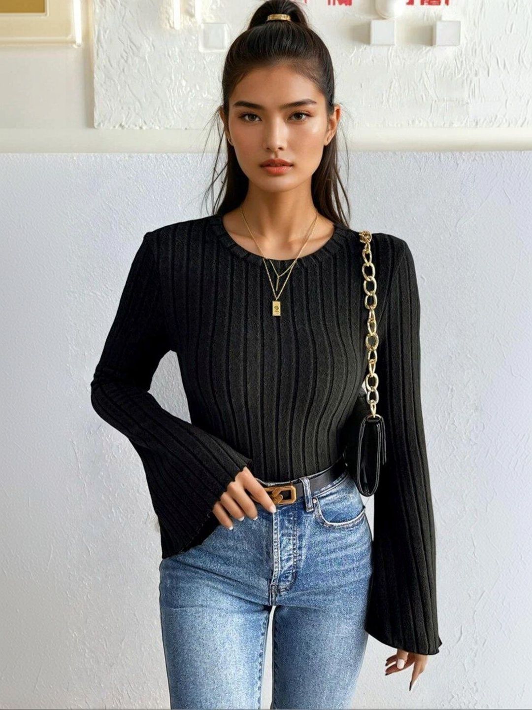 Ribbed Pullover in Black cotton - Nowi Korean Fashion