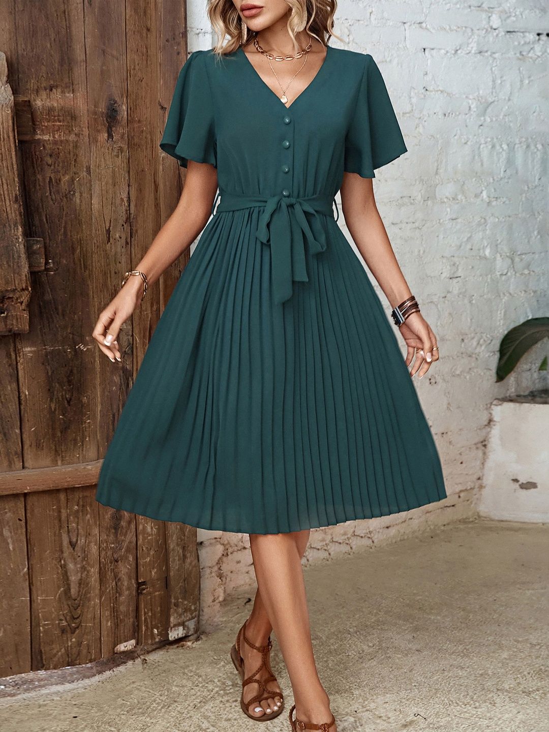 Flutter Sleeve Fit & Flare Midi Dress