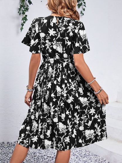 Floral Print Flared Sleeve Fit & Flare Midi Dress