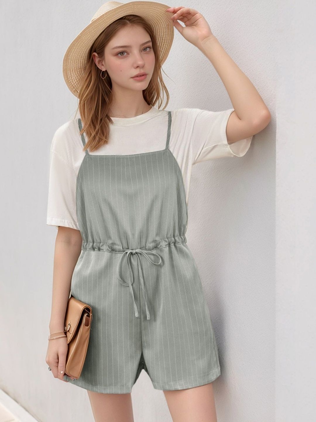 Striped Jumpsuit in Grey cotton - Nowi Korean Fashion