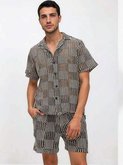 Crochet Striped Shirt with Shorts in Black - Nowi Korean Fashion