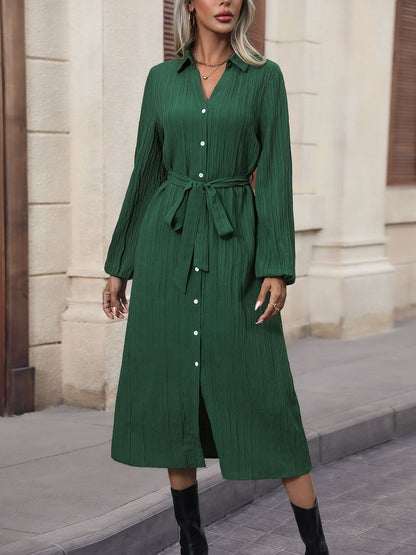 Women's Green Shirt Midi Dress Blend Printed