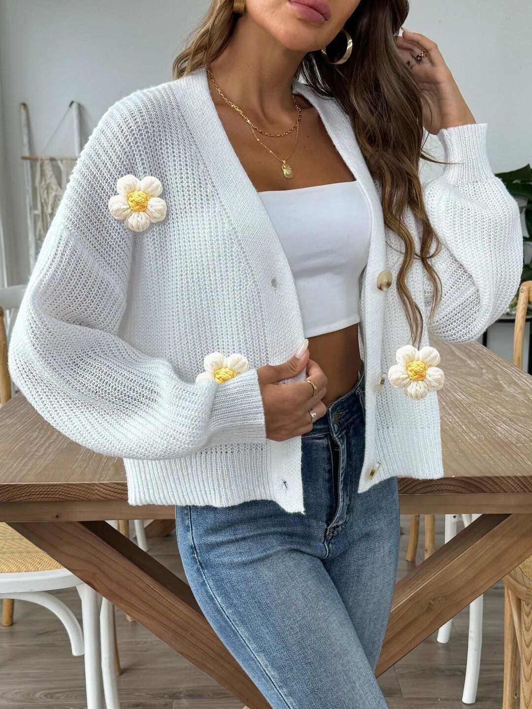 Ribbed Crop Cardigan with Applique Detail in White acrylic - Nowi Korean Fashion