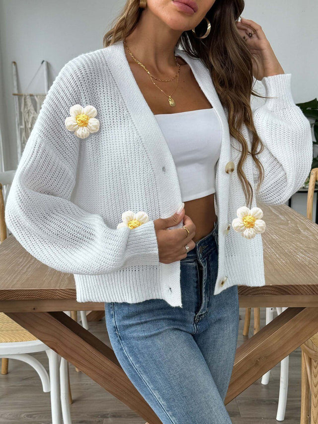 Ribbed Crop Cardigan with Applique Detail in White acrylic - Nowi Korean Fashion