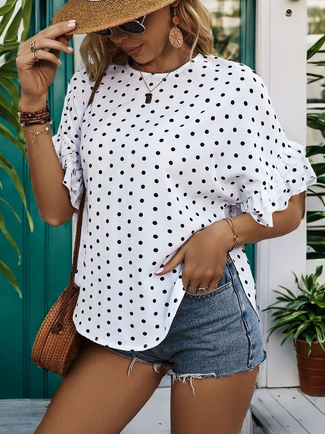 Polka Dot Print Flared Sleeve Ruffles Cotton Top in White Printed - Nowi Korean Fashion