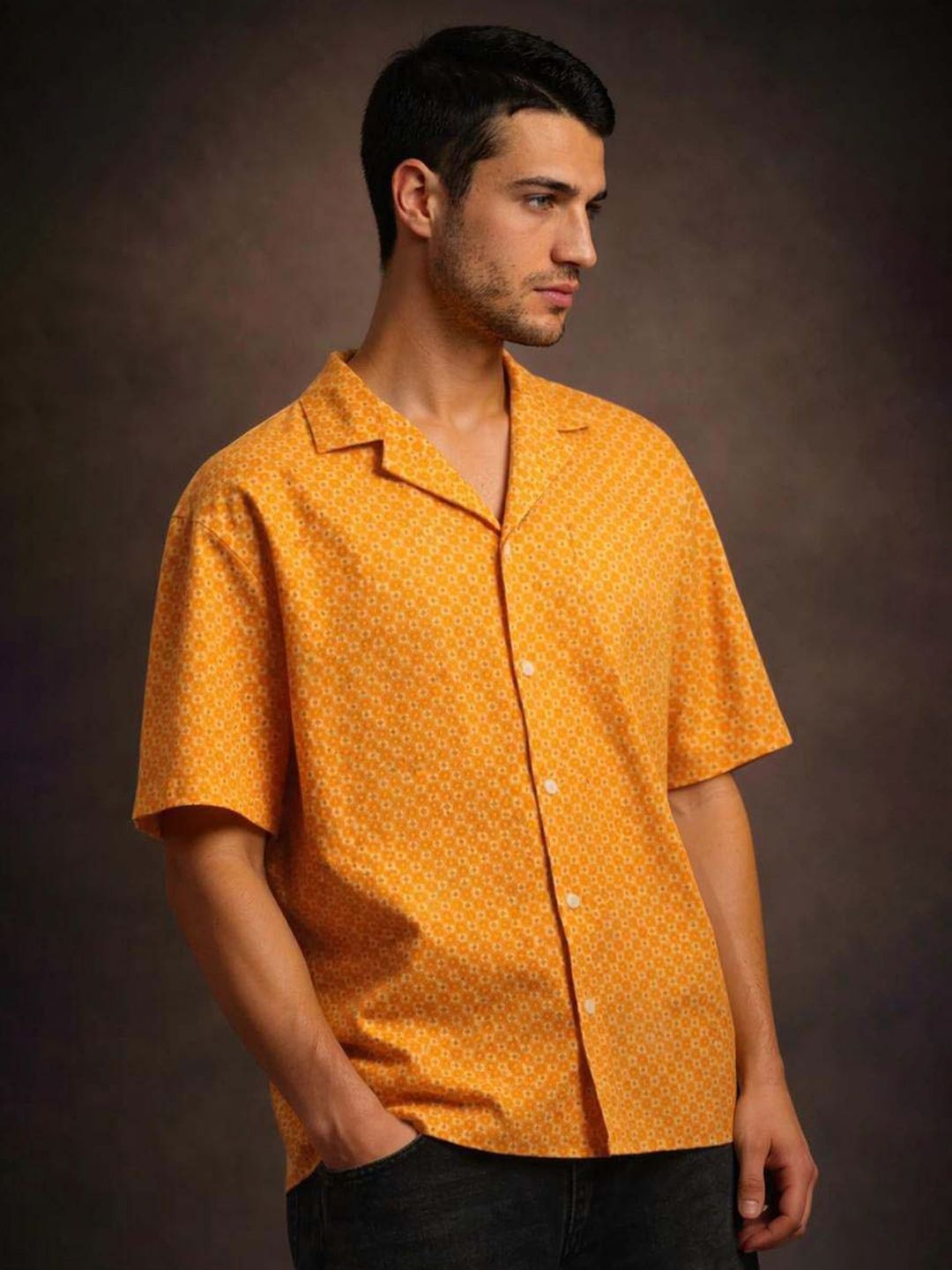 Geometric Printed Cuban Collar Cotton Casual Shirt