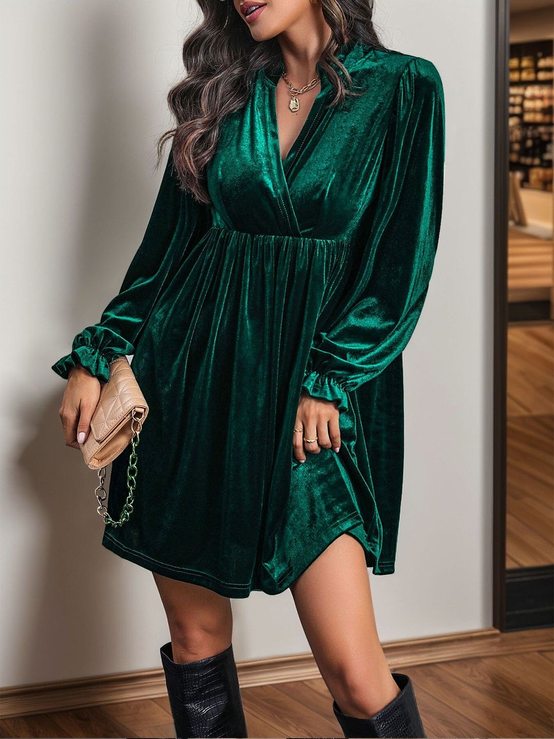 Women's Green Fit & Flare Dress Blend Printed