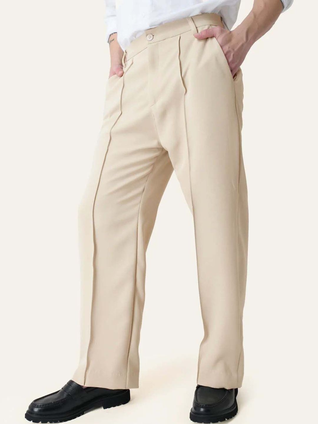 Men Pleated Trousers in beige, relaxed fit, Korean pants style, perfect for casual and formal wear.