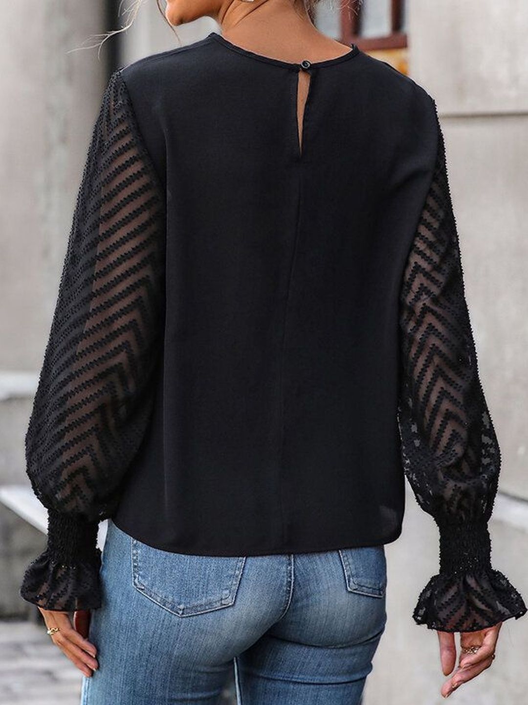 Women's Black Embellished Bishop Sleeves Ruffles Top