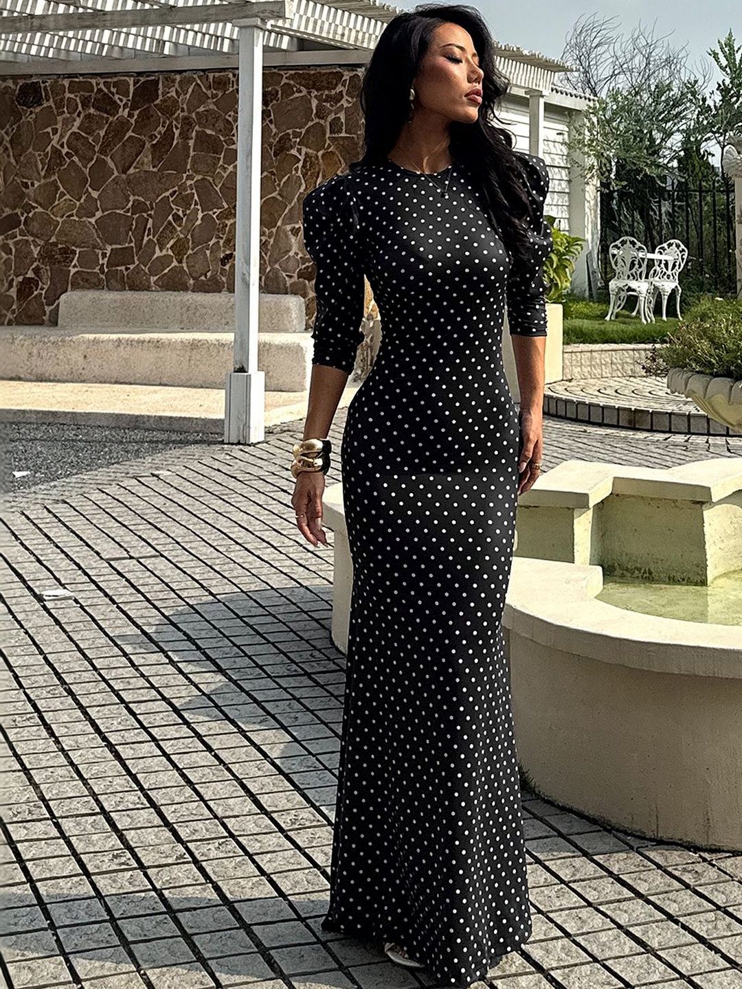 Women's Black Polka Dot Print Puff Sleeve Sheath Maxi Dress