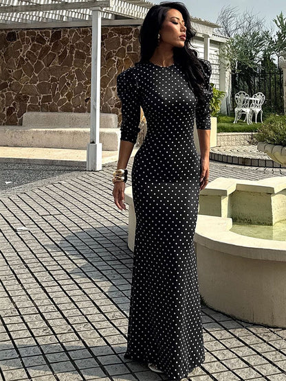 Women's Black Polka Dot Print Puff Sleeve Sheath Maxi Dress