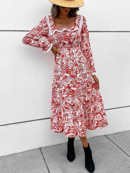 Women's Red Floral Print Ruffled A-Line Midi Dress