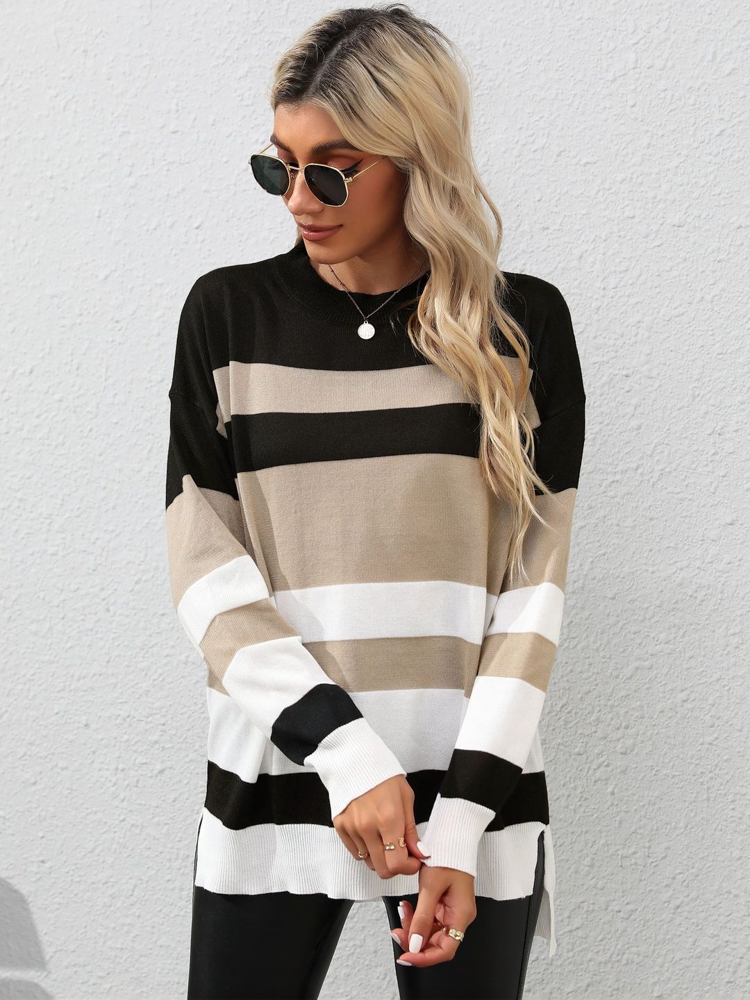Women's Black Striped Pullover Blend Regular Fit