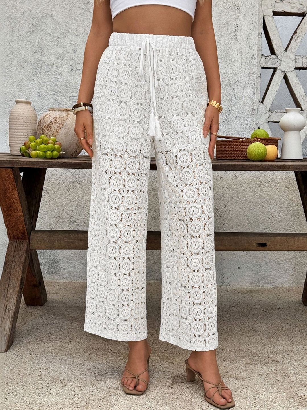 Women Textured Embellished Loose Fit Non Iron Trousers