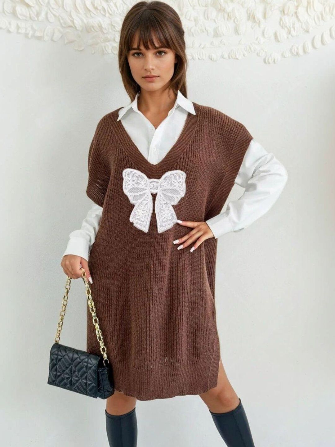 Ribbed Longline Sweater Vest with Applique Detail in Brown acrylic - Nowi Korean Fashion
