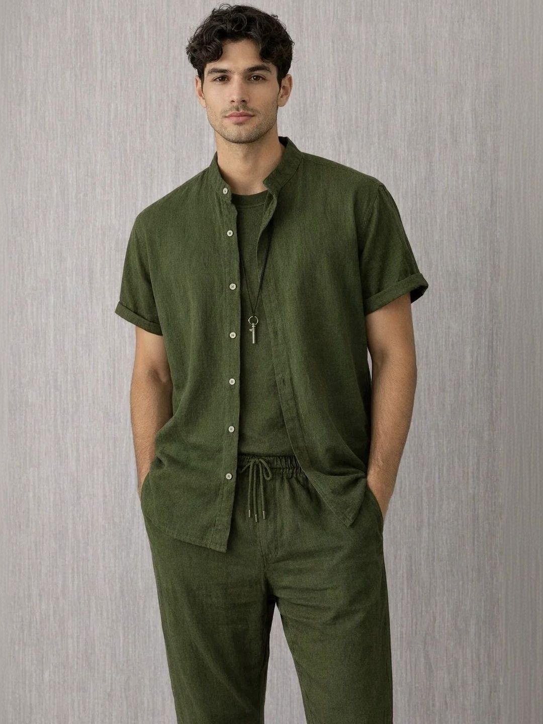 Green Mandarin Collar Shirt with Trousers Co-Ords