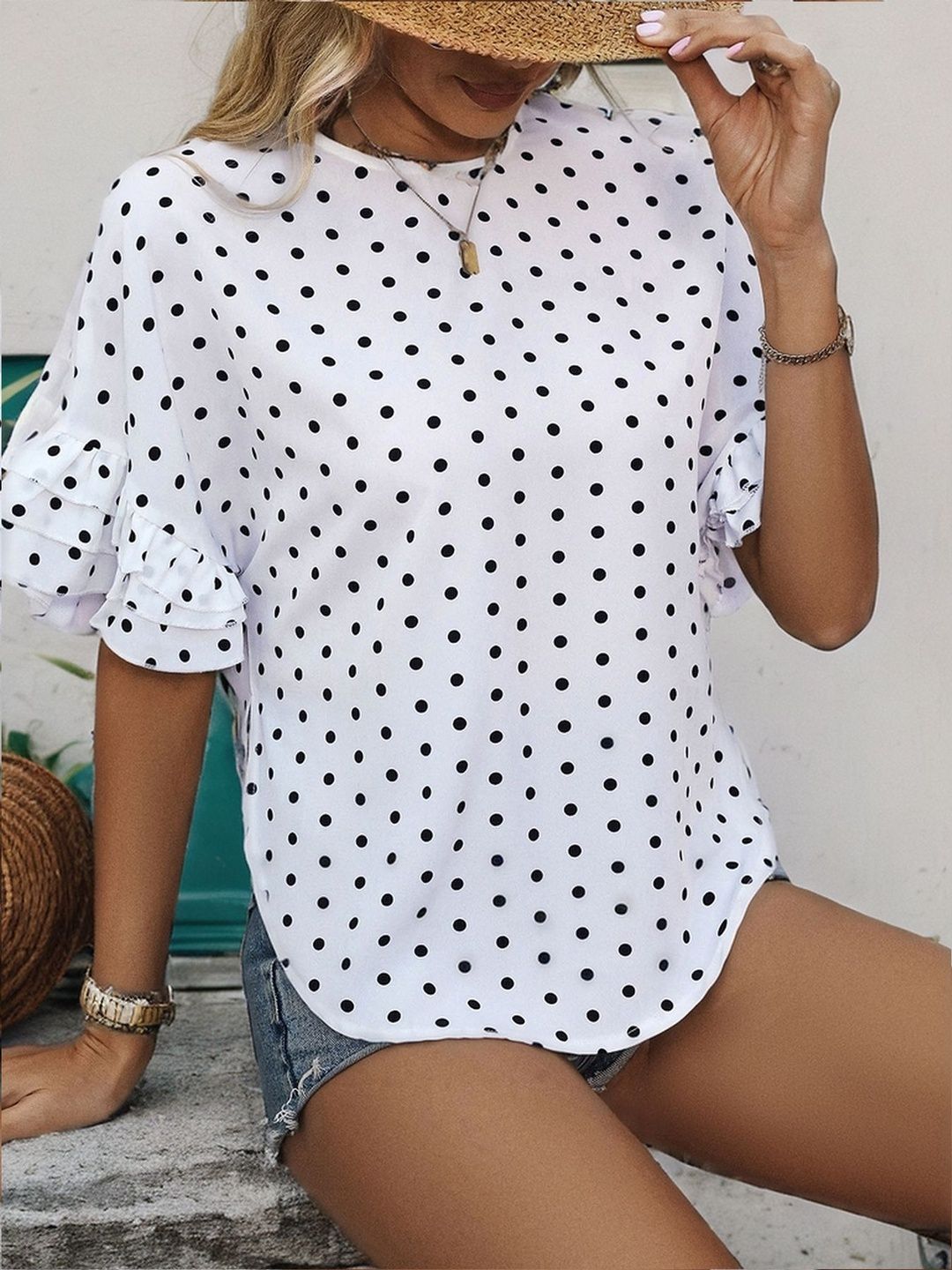 Polka Dot Print Flared Sleeve Ruffles Cotton Top