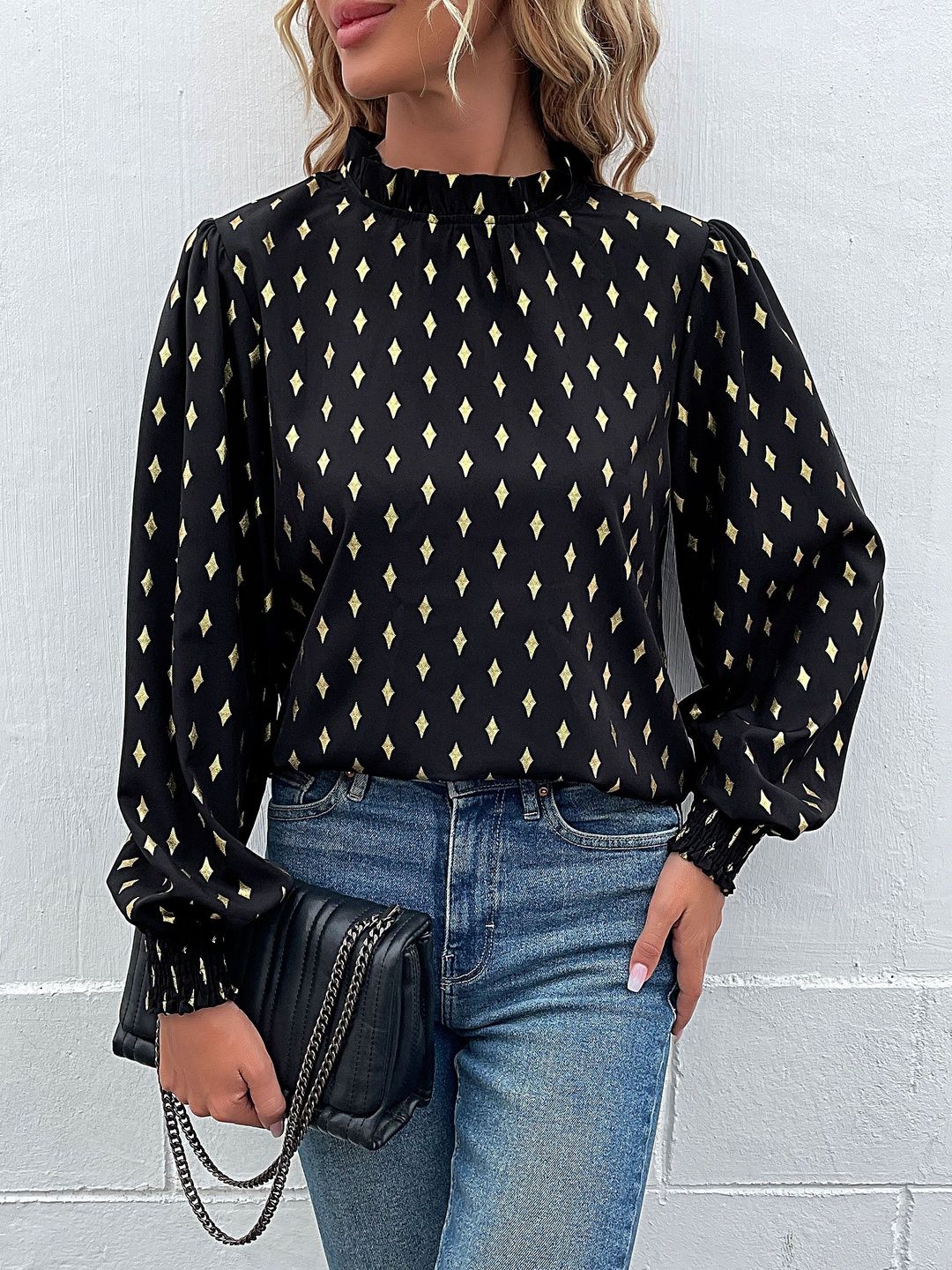 Women's Black Geometric Print Bishop Sleeves Top