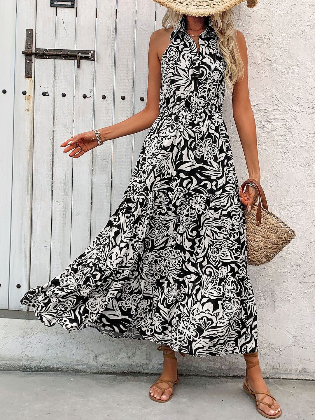 Floral Print Halter Neck A-Line Maxi Dress
