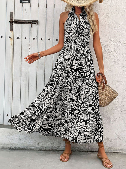 Floral Print Halter Neck A-Line Maxi Dress