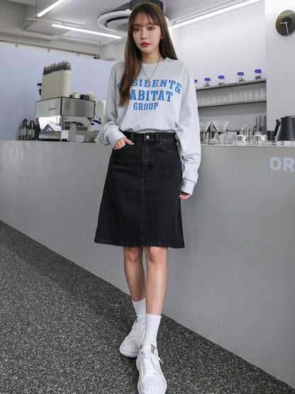 Charcoal Black Knee Length A-Line Skirt in Grey; black denim; cotton - Nowi Korean Fashion