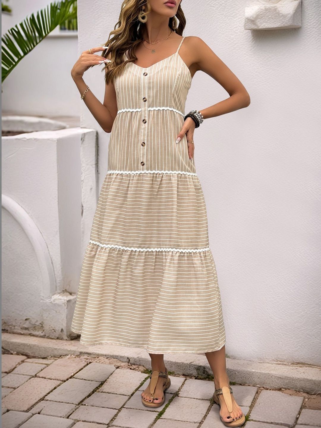 Striped A-Line Midi Dress in Beige cotton - Nowi Korean Fashion