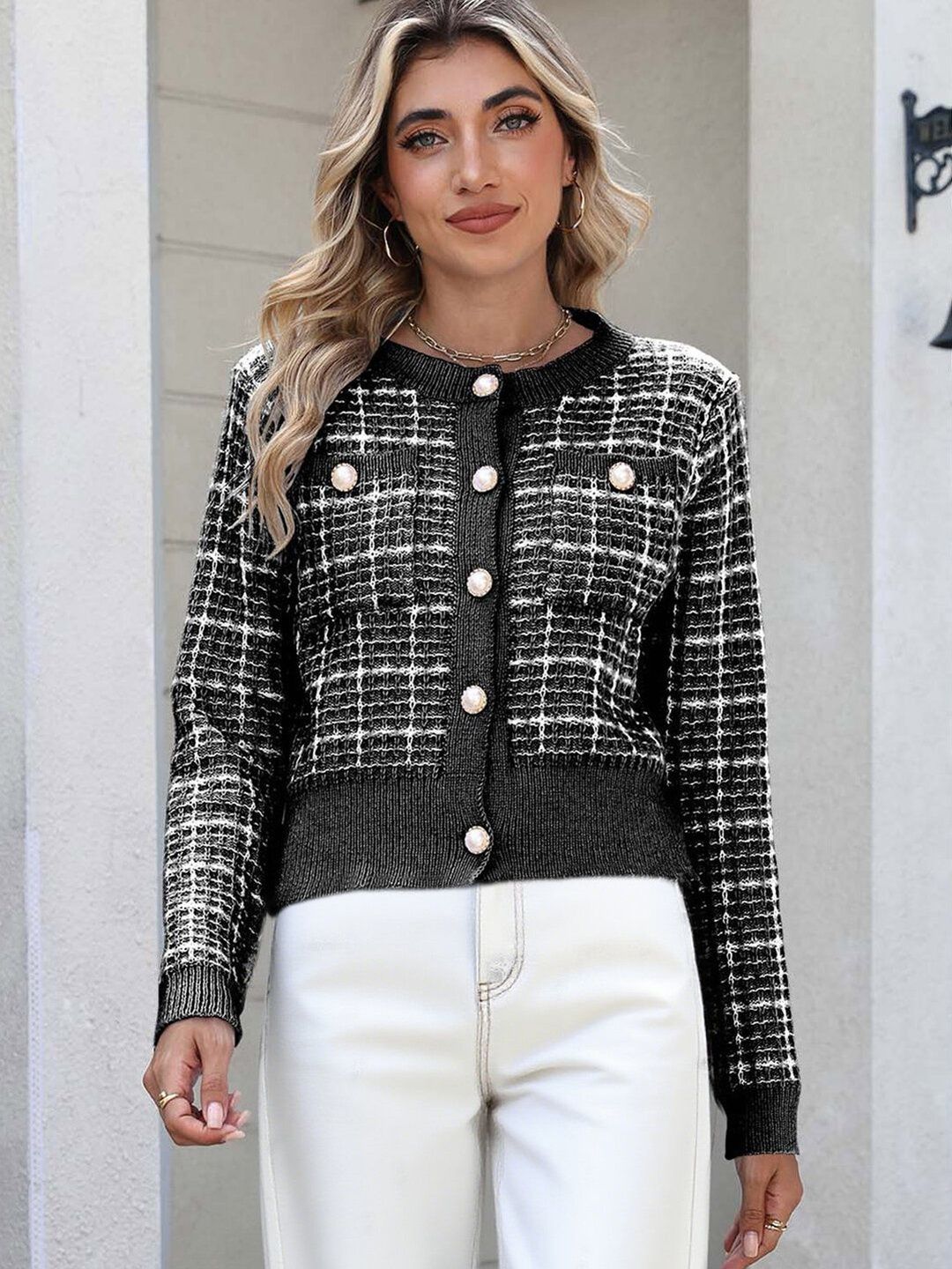 Women Checked Cardigan