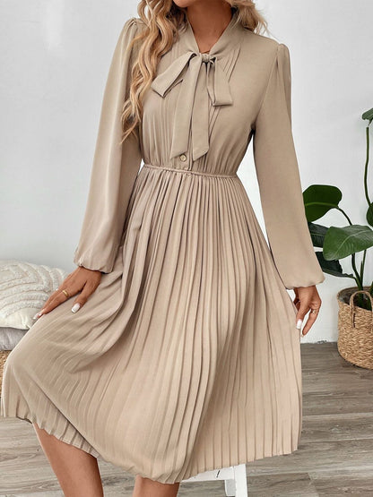 Tie-Up Neck Fit & Flare Midi Dress in Beige - Nowi Korean Fashion
