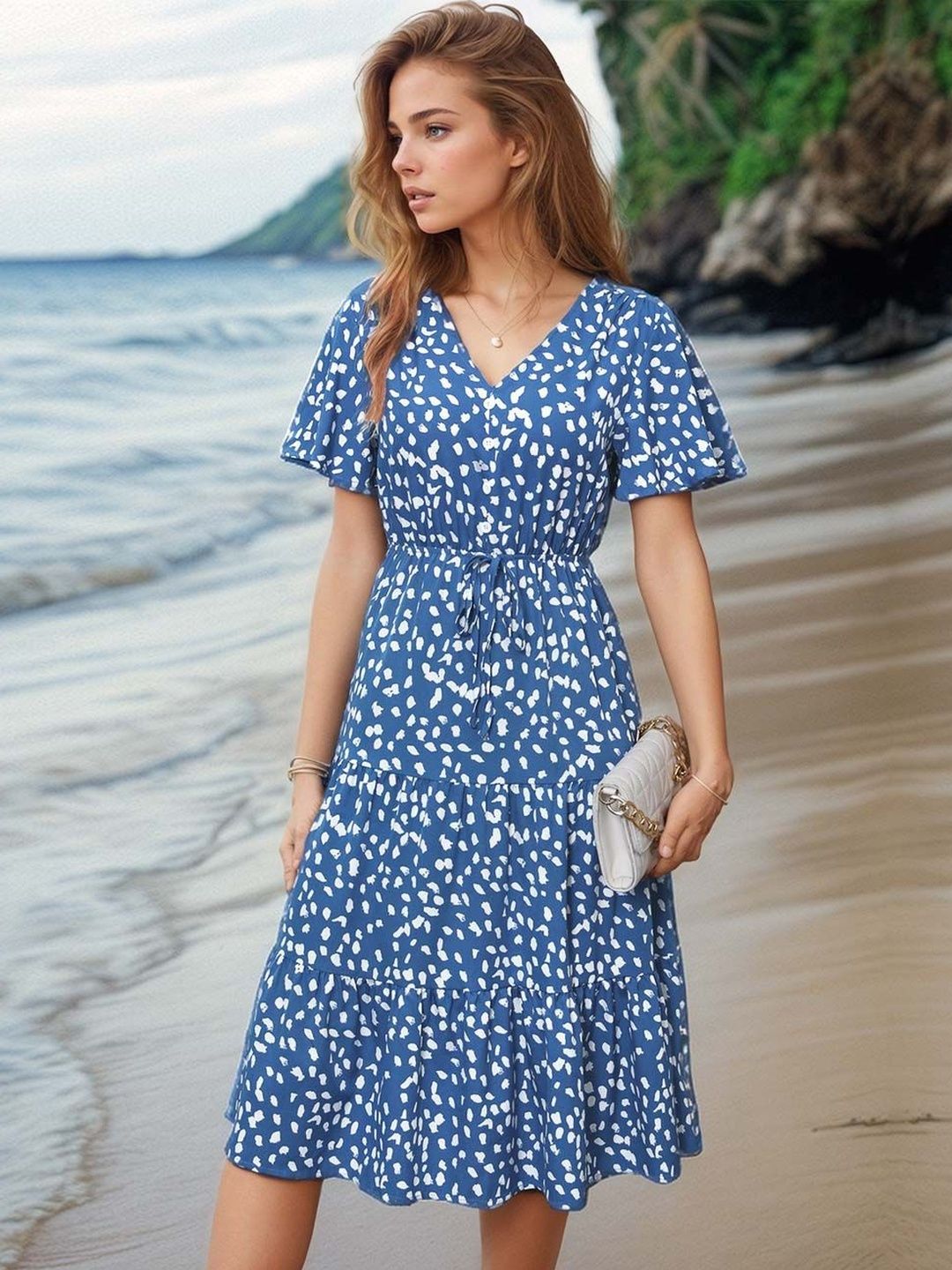 NOWI Print Flutter Sleeve Fit & Flare Midi Dress