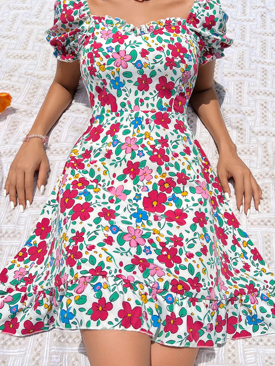Floral Print Puff Sleeve Ruffled Fit & Flare Dress